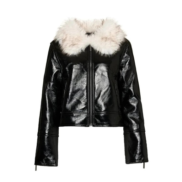 Unreal Fur Black Vegan Patent Leather Wet Look Aviator Jacket - Picture 6 of 7